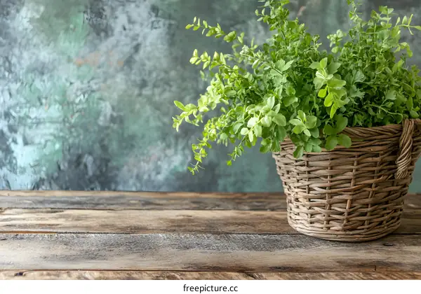 Fresh Green Herbs in Wicker Basket on Wooden Table