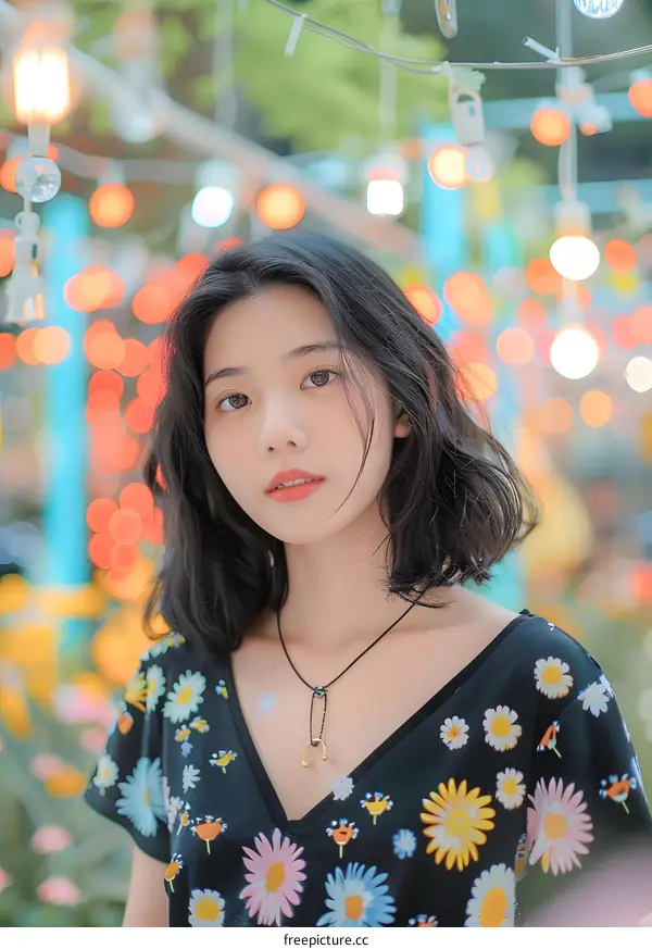 Asian Woman with Short Hair Posing in Front of Lights