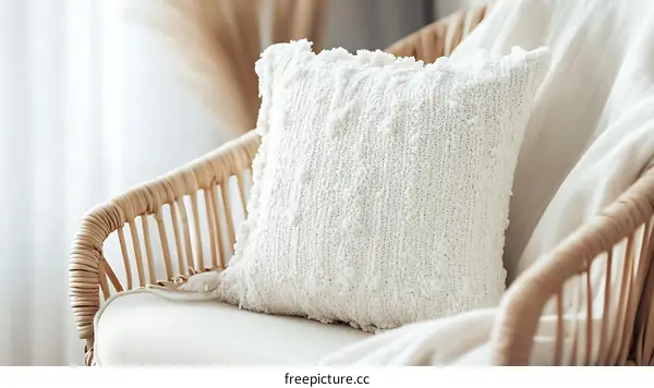Cozy White Throw Pillow on Rattan Chair