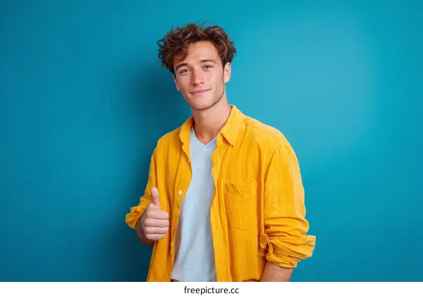 Young Man in a Vibrant Yellow Shirt Against a Blue Background