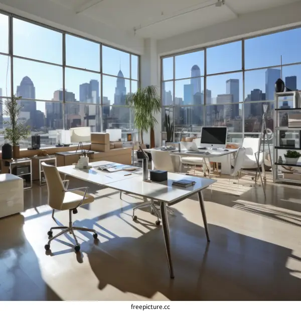 A modern office with a city view