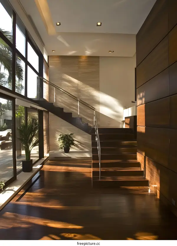 Modern Staircase Design with Natural Light and Wooden Floor in a Luxury Home