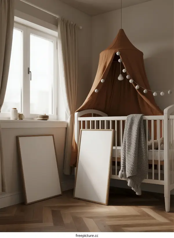 A cozy and modern baby room with white crib and brown canopy