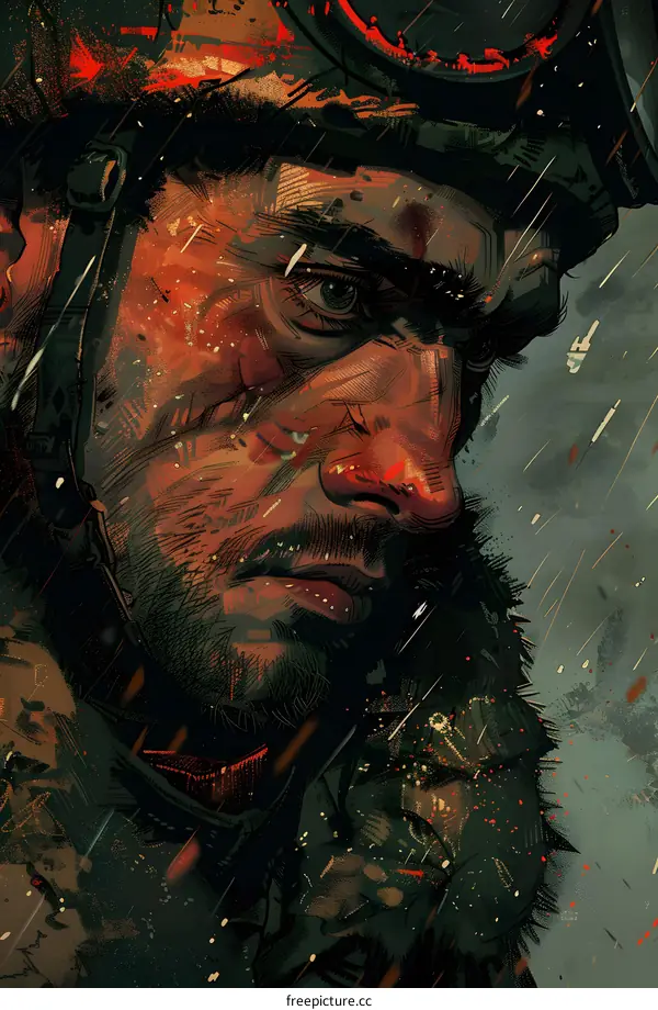 Portrait of a soldier wearing a helmet and looking to the right with a serious expression on his face. The soldiers face is covered in mud and blood.