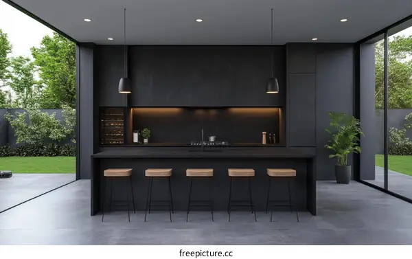 Modern Dark Kitchen Interior Design with Garden View