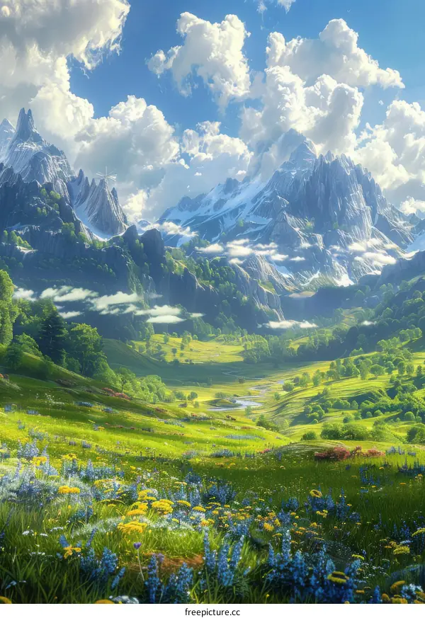 Majestic Mountain Valley Landscape Illustration