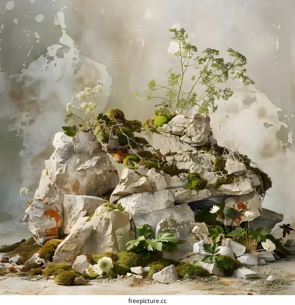 Rock and Moss Composition with Delicate White Flowers