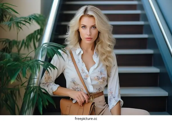 Elegant blonde woman in floral blouse sitting on stairs