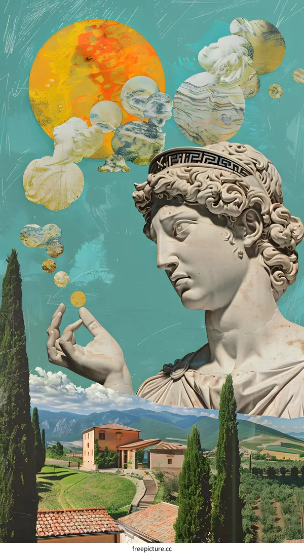 Collage Artwork of a Classical Sculpture with a Dreamlike Background