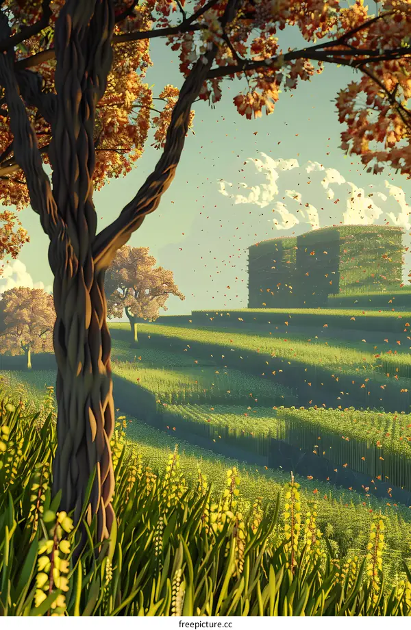 Fantasy Landscape with Twisted Tree and Floating Leaves