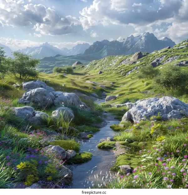 Alpine Meadow with Stream and Wildflowers