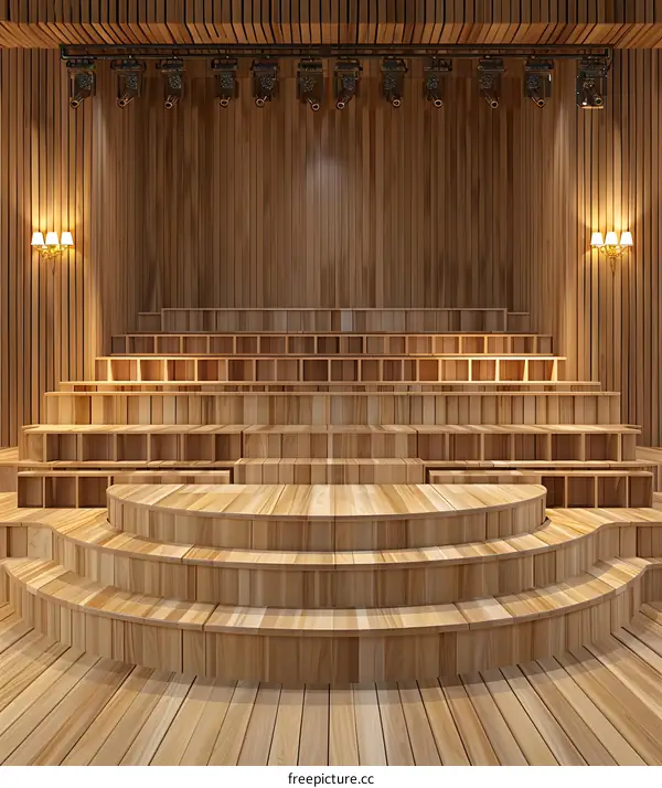 Wooden Stage With Circular Steps And Lights