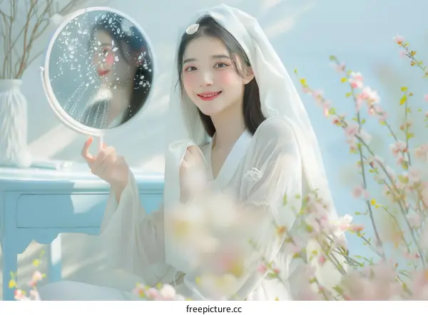 A young woman in a white dress is sitting in a garden of cherry blossoms.