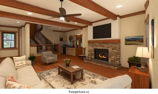 Cozy Living Room Design with Fireplace and Rustic Details