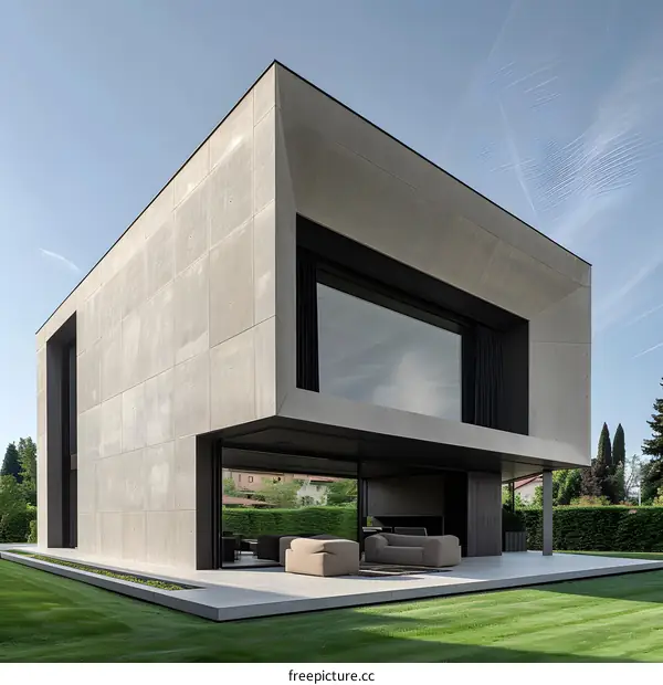 Modern Concrete House with Large Windows and Green Grass