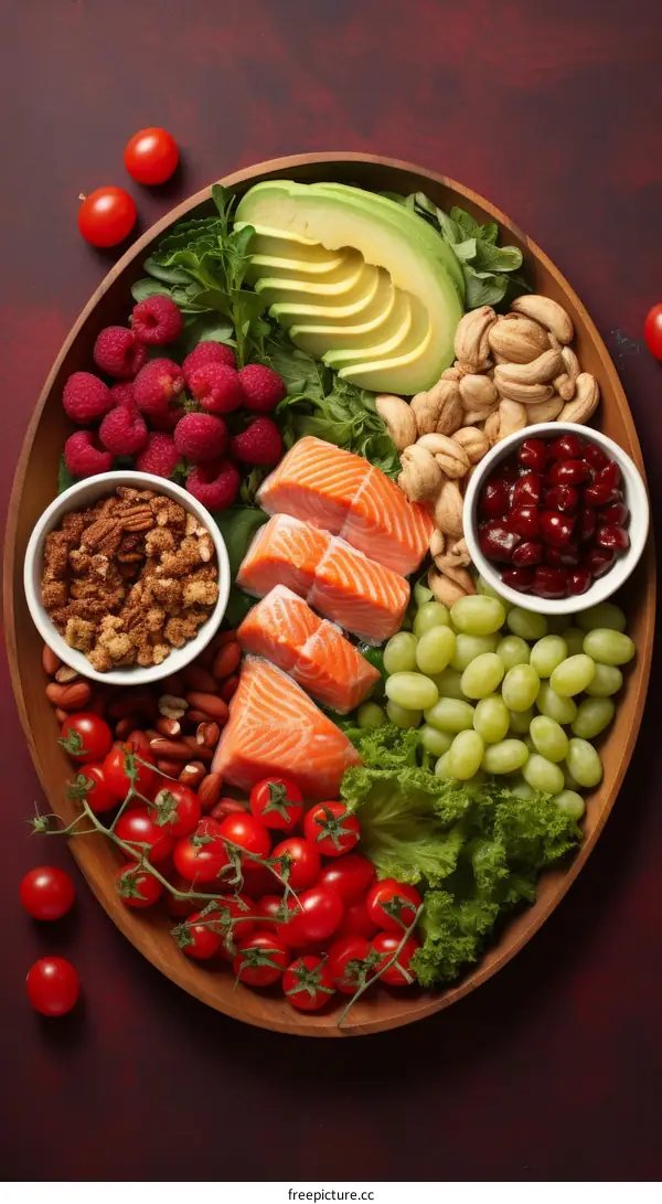 Overhead Shot of Bowl with Salmon, Avocado, Nuts, and Berries