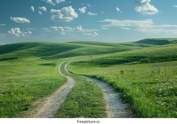 The dirt road through the green hills