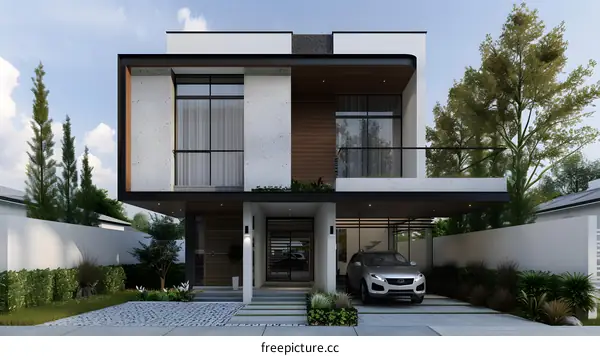 Modern Two Story House With Car And Garden
