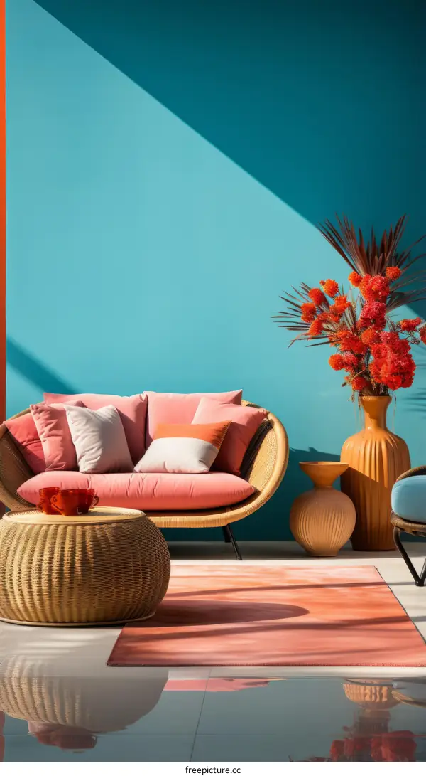 Modern Living Room with Blue Wall, Pink Sofa, and Orange Rug