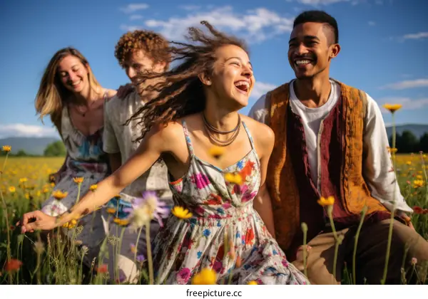 carefree friends laughing in a field of flowers