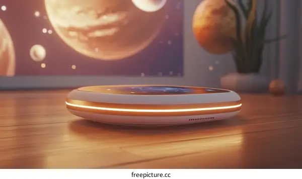 Futuristic Disc Shaped Device on Wooden Floor