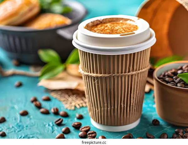 Closeup of a Paper Cup of Coffee on a Teal Surface with Coffee Beans and Pastry