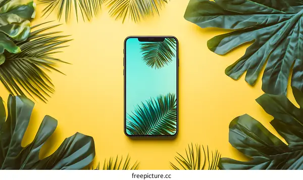 Tropical Leaves and Smartphone on Yellow Background