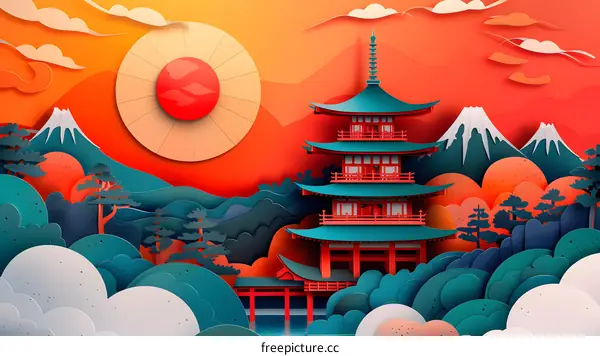 Japanese pagoda in a traditional landscape with red sun and blue clouds