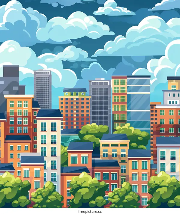 Cityscape with Buildings and Clouds