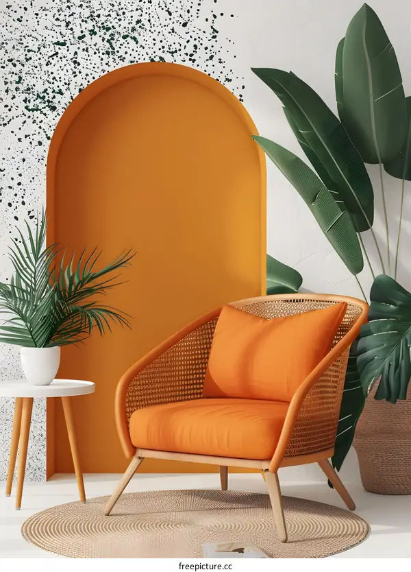Orange Chair Interior Design with Tropical Plants