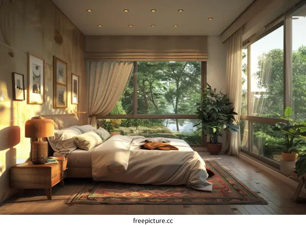 Peaceful Bedroom with Lush Garden View Illustration