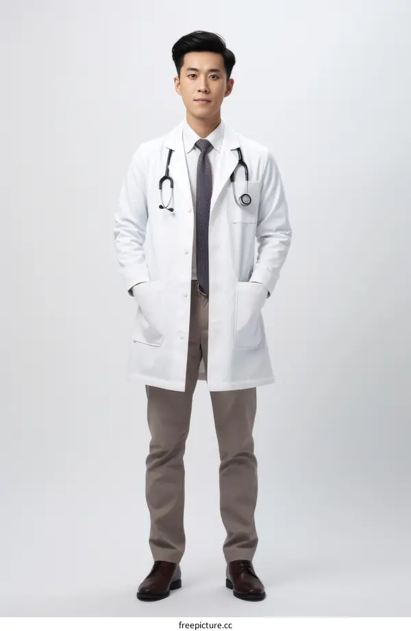 Asian male doctor in white coat and stethoscope