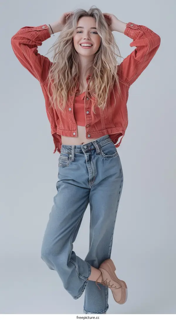 Portrait of a smiling young woman in a denim jacket and jeans