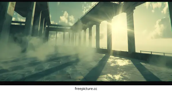 Under the Bridge with Fog and Sunlight