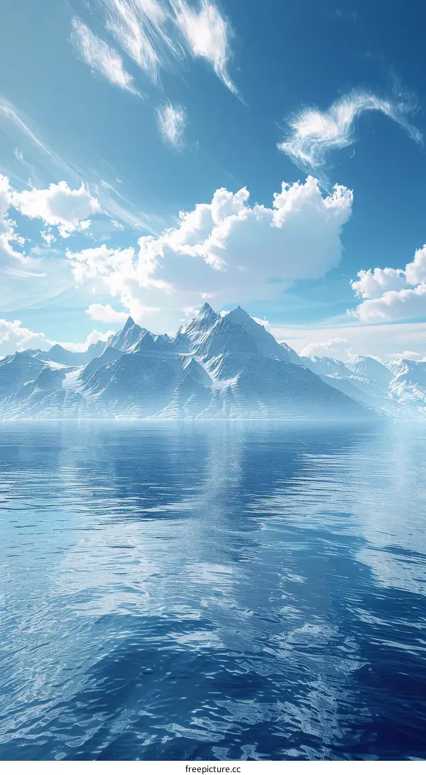Majestic Mountain Landscape with Snow-Capped Peaks, Serene Sea, and Azure Sky