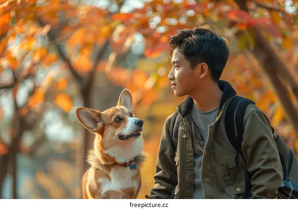 boy and his corgi in the autumn forest