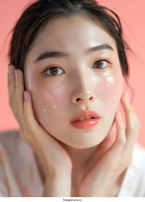 Close Up Portrait Of Young Asian Woman Applying Facial Moisturizer