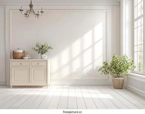 Elegant White Room Interior Design with Vintage Buffet