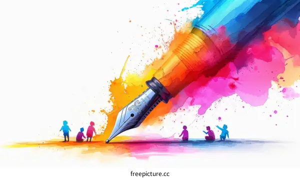 Illustration of a fountain pen with a colorful splash of ink and several children