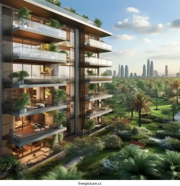 Modern luxury apartments with lush green surroundings