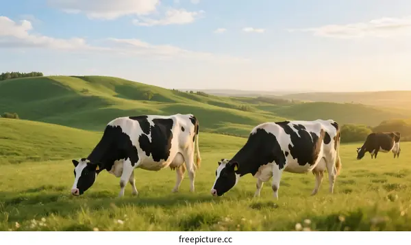 Grazing Holstein Cows on Lush Green Rolling Hills at Sunset