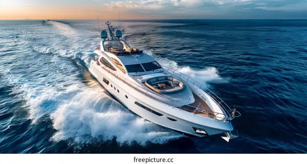 Luxury Yacht Sailing Fast on the Sea with Sunset in the Background