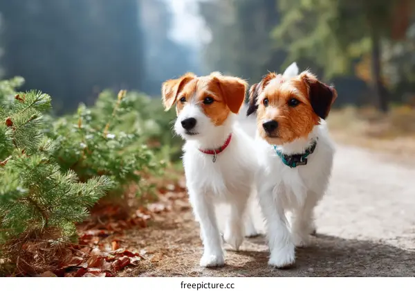 Two Jack Russell Terriers Walking in a Forest Path