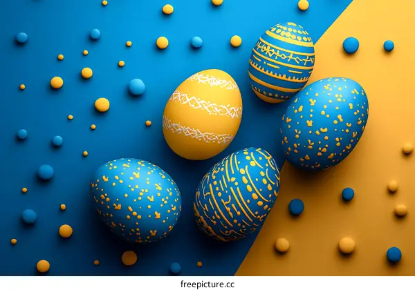 Easter Eggs Decorated in Yellow and Blue Colors