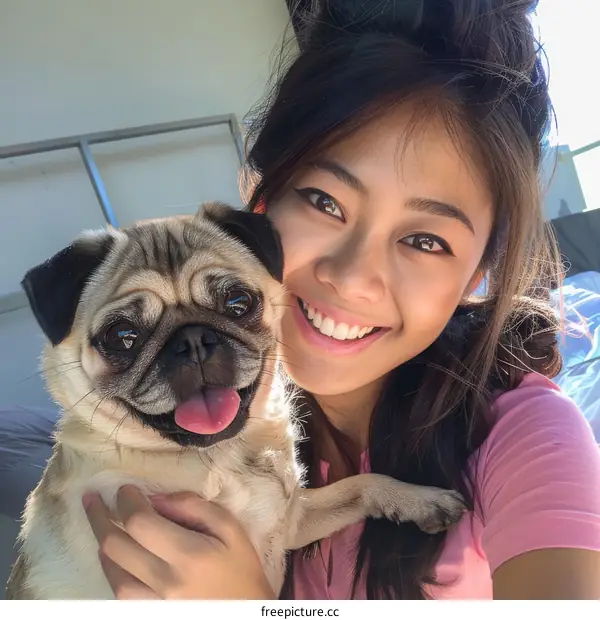 A young woman is smiling and holding a pug