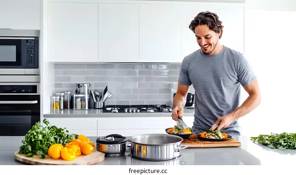 Man Cooking Healthy Meal in Modern Kitchen
