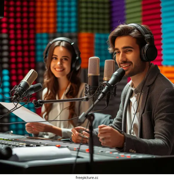 Two radio hosts broadcasting live from their studio