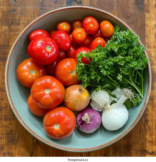 A bowl of fresh tomatoes, shallots, garlic, and parsley