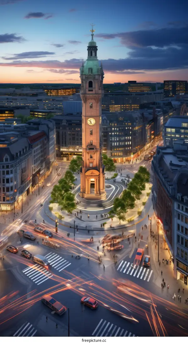 A clock tower in the middle of a busy city square with people crossing the road and cars driving by