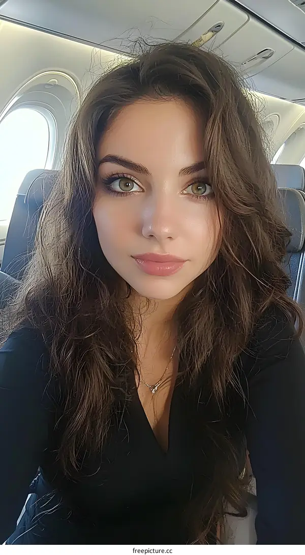 Beautiful Woman With Brown Hair On Airplane